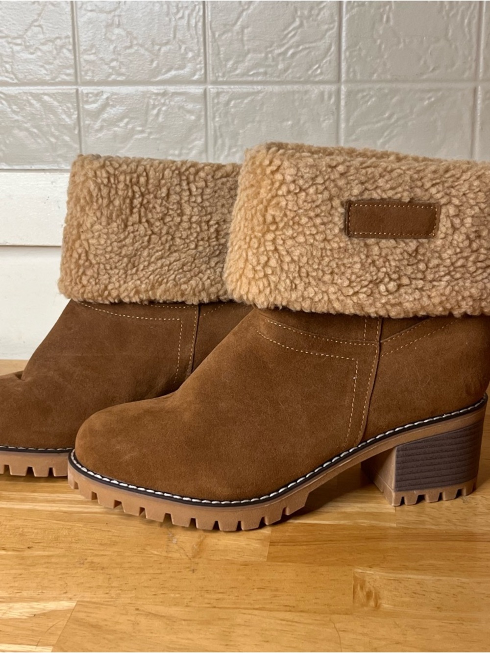 Cozy Fold-Over Suede Heeled Ankle Boots in Brown
